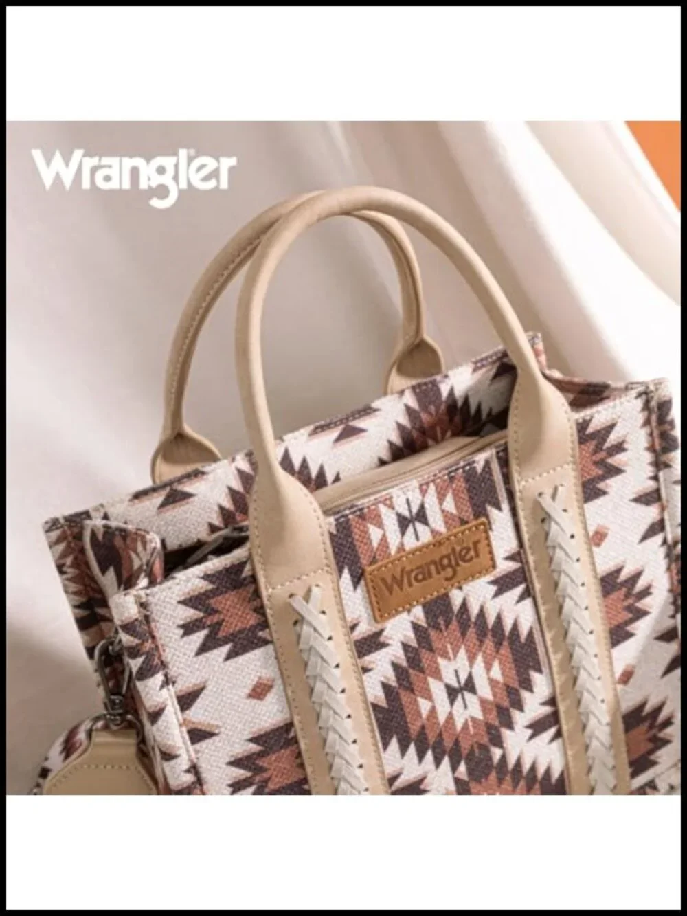 Boho Aztec Tote Bag with Leather Handles, Top Zipper Closure, Adjustable Guitar